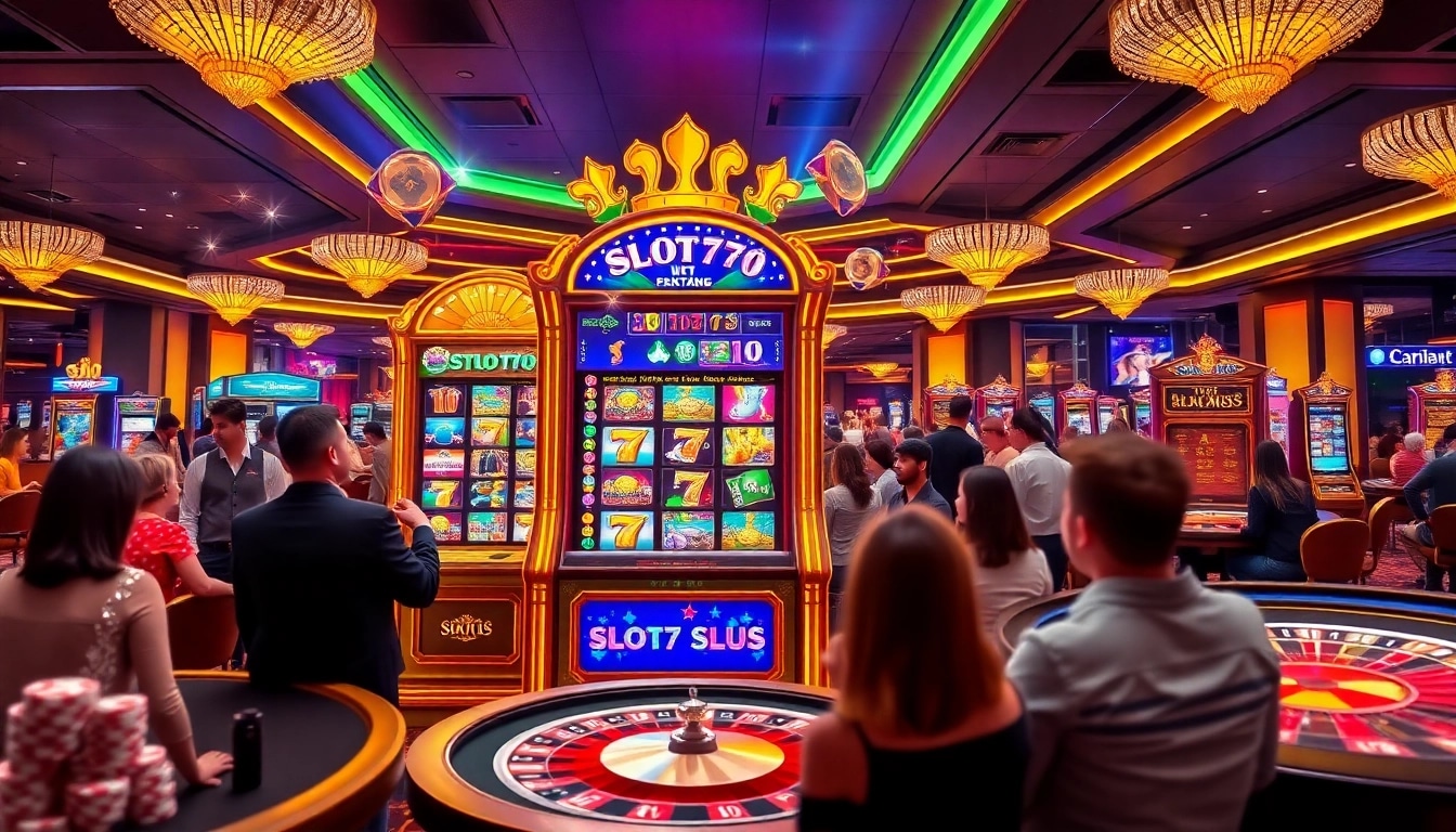 Engaged players winning big at slot777 slot machines in a vibrant casino atmosphere.