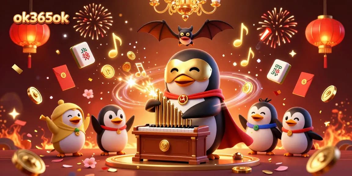 Engage in thrilling gameplay at ok365ok with the vibrant casino scene featuring a penguin organist and golden coins.