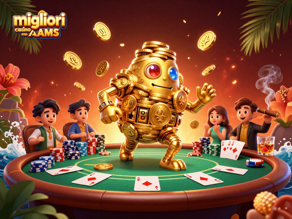 Un golem d'oro nei migliori casino non AAMS gioca a poker con simboli luminosi e chip colorati.