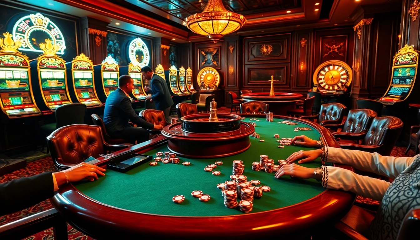 Players enjoy high-stakes poker action at a luxurious casino, showcasing CM88-themed poker chips and glamor.
