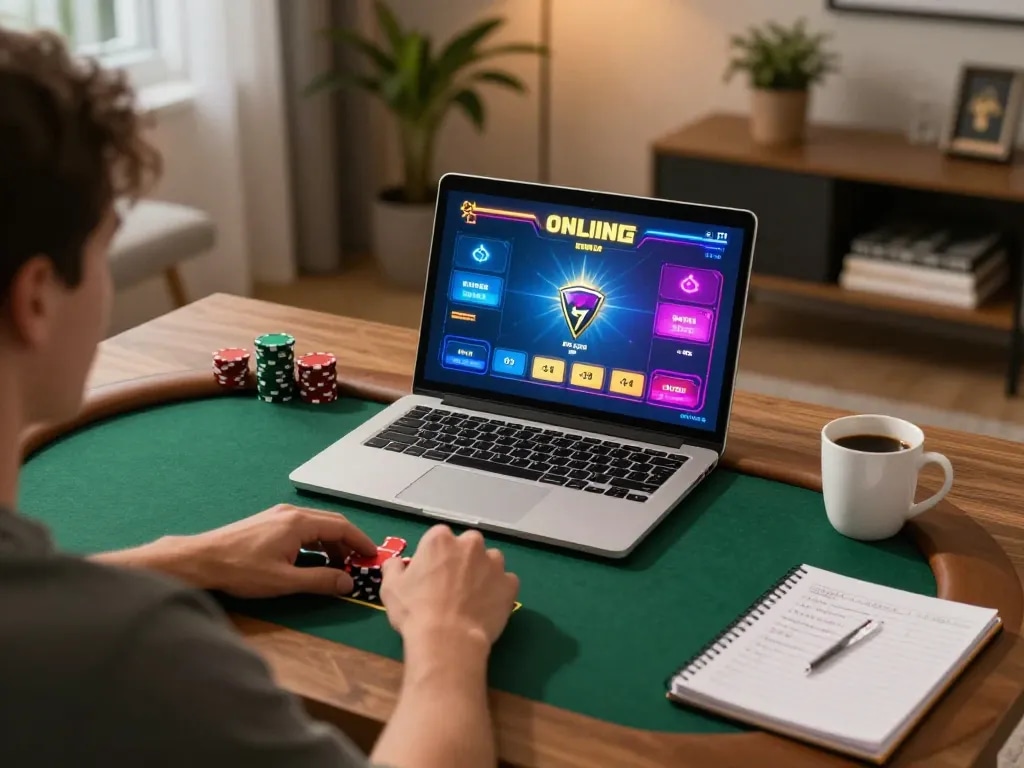 Engage in online poker strategy at 77WIN with this inviting home gaming setup.