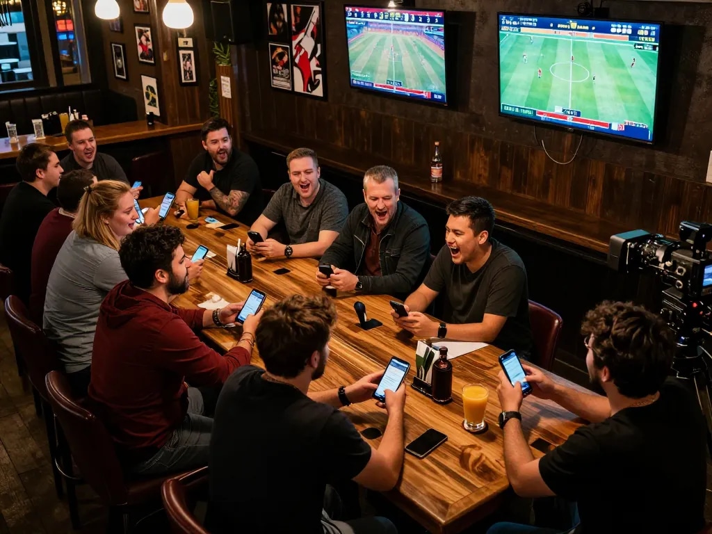 Sports betting excitement at NHÀ CÁI F168, customers actively engaging on smartphones during a live game.