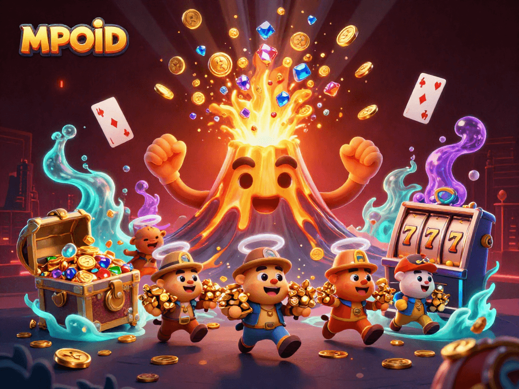 Experience MPOID's thrilling rush, as treasures erupt from a golden volcano surrounded by dynamic casino elements.