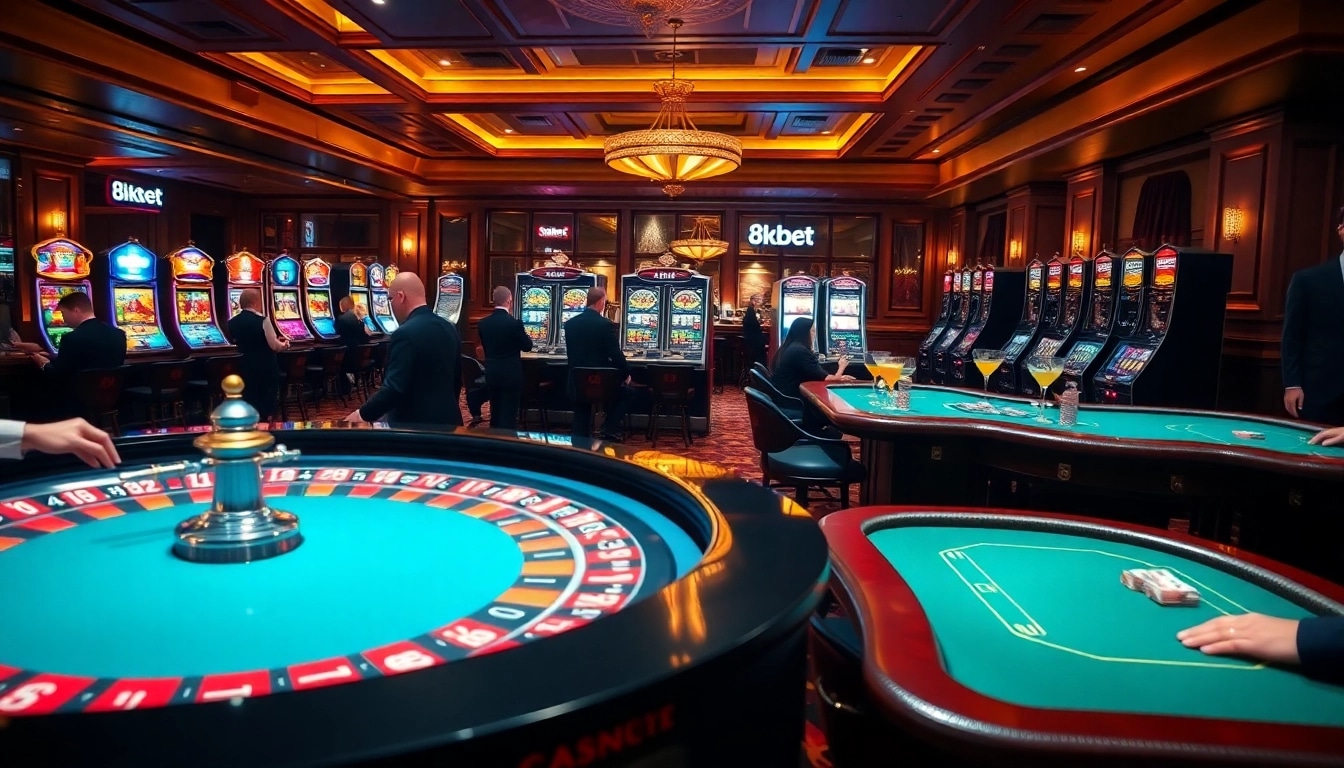 Exciting 8kbet casino scene featuring roulette and slots amidst vibrant luxury.