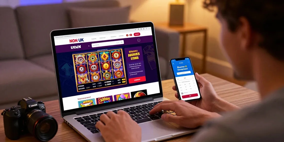 Engaging user interaction with non UK casinos on a laptop, showcasing colorful game variety and payment options.
