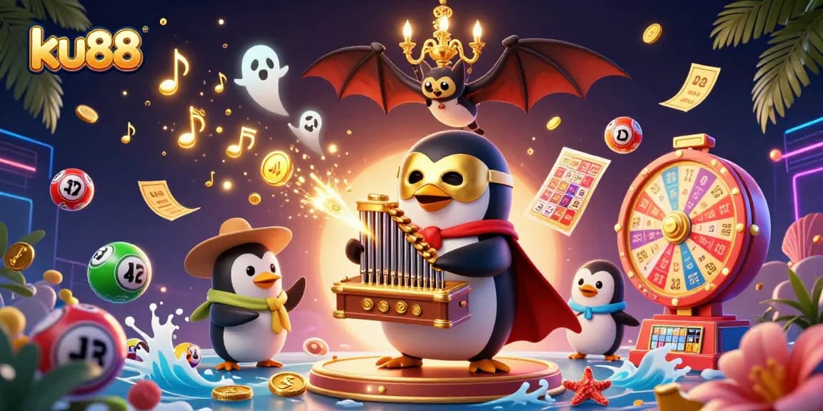 Engage with ku88's thrilling casino vibes, featuring a playful penguin organist surrounded by dynamic game elements.