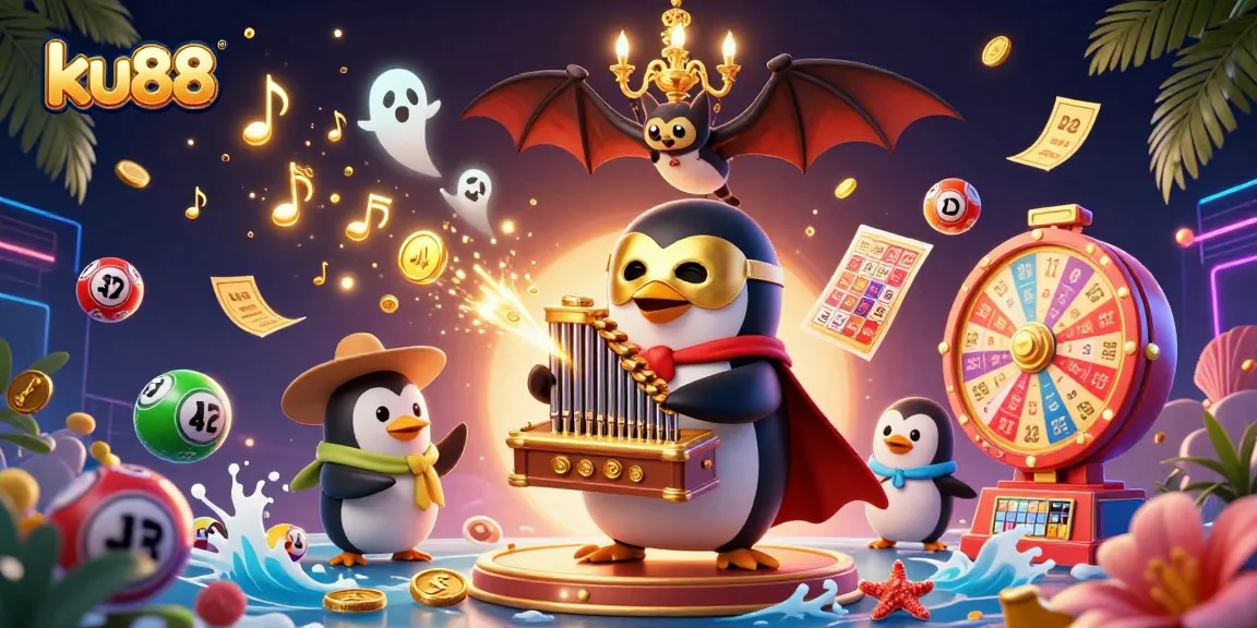 Engage with ku88's thrilling casino vibes, featuring a playful penguin organist surrounded by dynamic game elements.