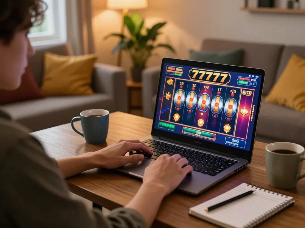Player enjoying a lively slot777 game on laptop while relaxing at home, showcasing vibrant online gameplay.