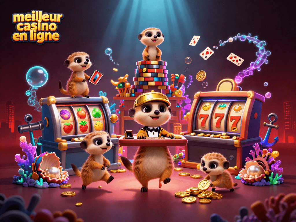 Illustration de la colonie de meerkats exploitant un meilleur casino en ligne avec des éléments de jeux colorés.