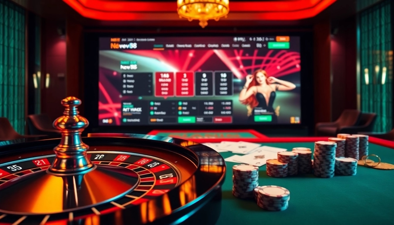 A thrilling casino gaming scene with a roulette wheel, poker chips, and elements from https://new88.help/ that excite players.