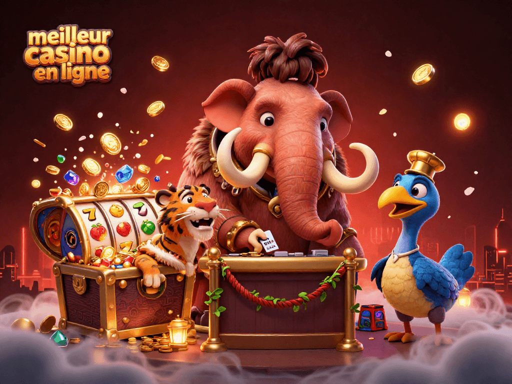 Venez découvrir le meilleur casino en ligne avec un portier mammouth et un VIP sabre-tooth dans cette scène dynamique.
