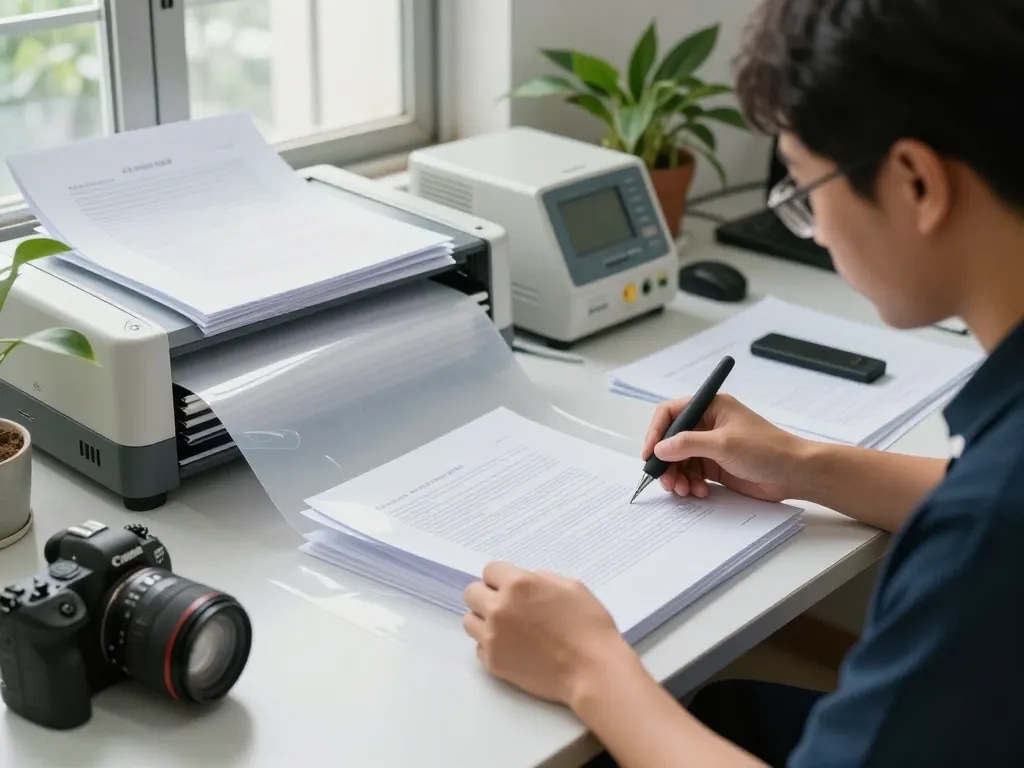 gỡ ép plastic hà nội restoration process, technician carefully removing laminate from documents without damage