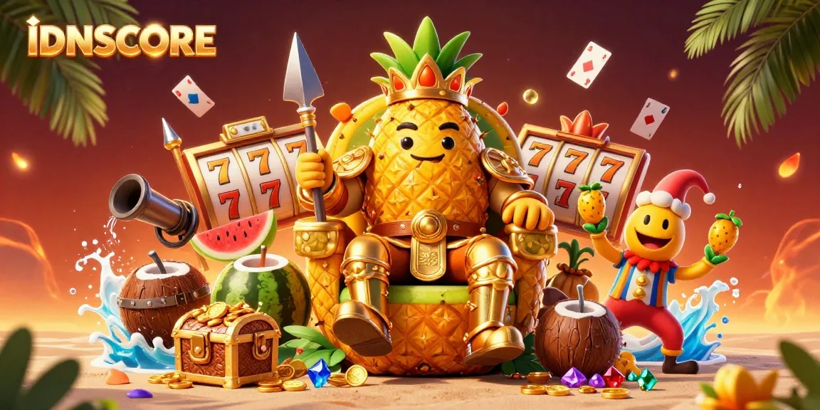IDNSCORE brings excitement with a vibrant beach casino illustration featuring colorful characters and animated game elements.
