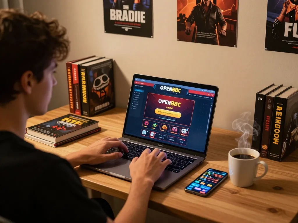 Engaged player using open88c on a laptop, surrounded by gaming strategies and cozy atmosphere.