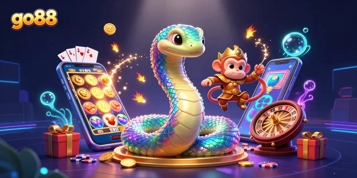 Experience exciting gameplay at go88 with a vibrant 3D illustration of characters and casino gaming elements.