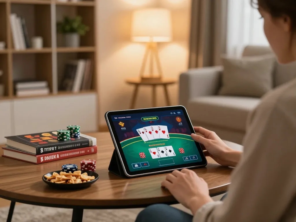 Player immersed in online casino gaming at home with bj88bj interface visible