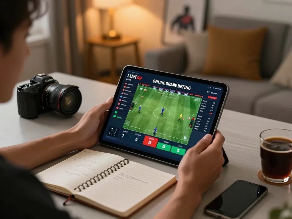 Engaging in sports betting on a tablet with dynamic odds display at home, TG88 platform highlighted.