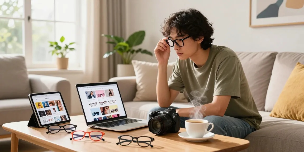 Experience the comfort of shopping for ótica online with trendy eyewear in a cozy living room scene.