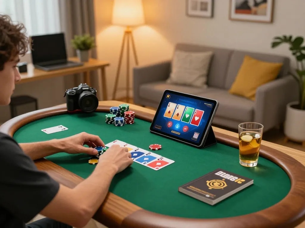 FLY88 gaming enthusiast engaged in online poker session, showcasing excitement and strategic play.