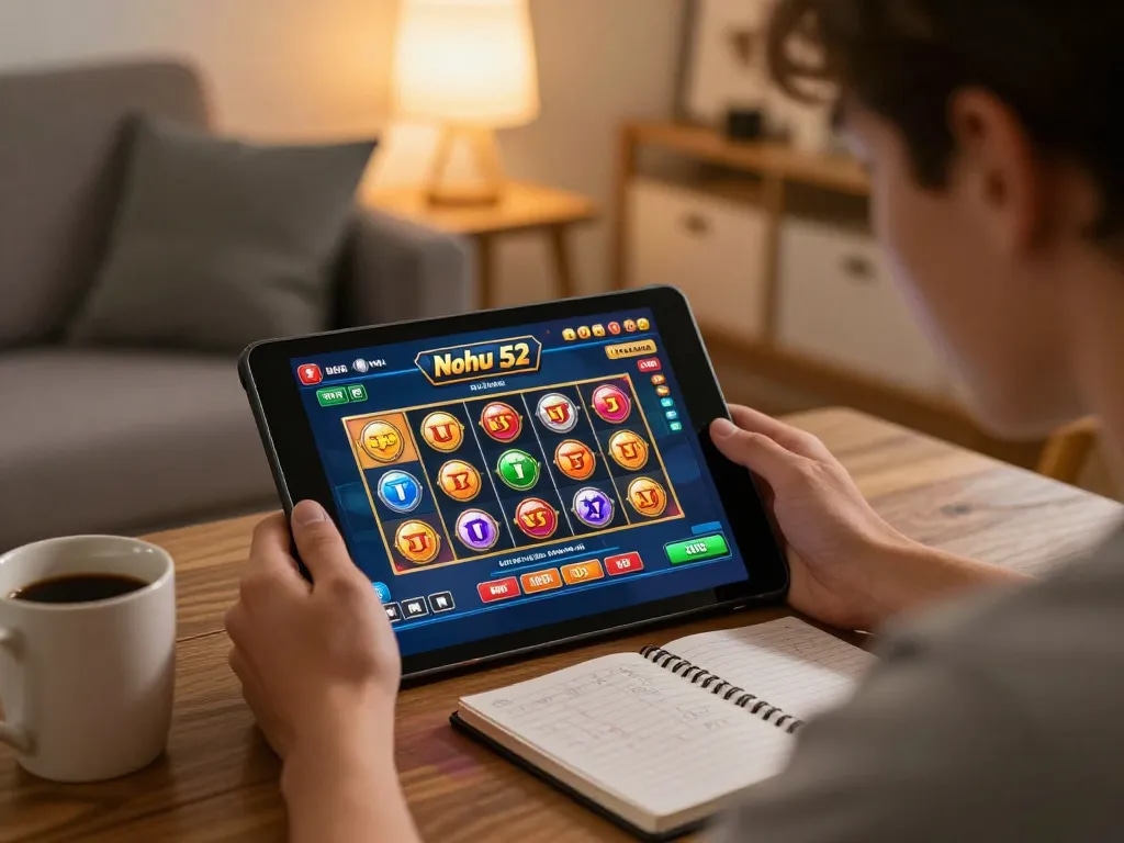 Engaging gameplay at Nohu 52 online casino on tablet with strategy notes surrounding.