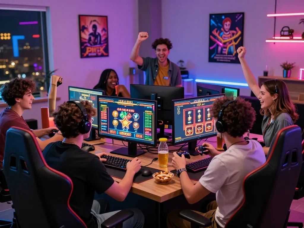 Friends enjoying an engaging gaming night at home, featuring ko66.com on their screens.