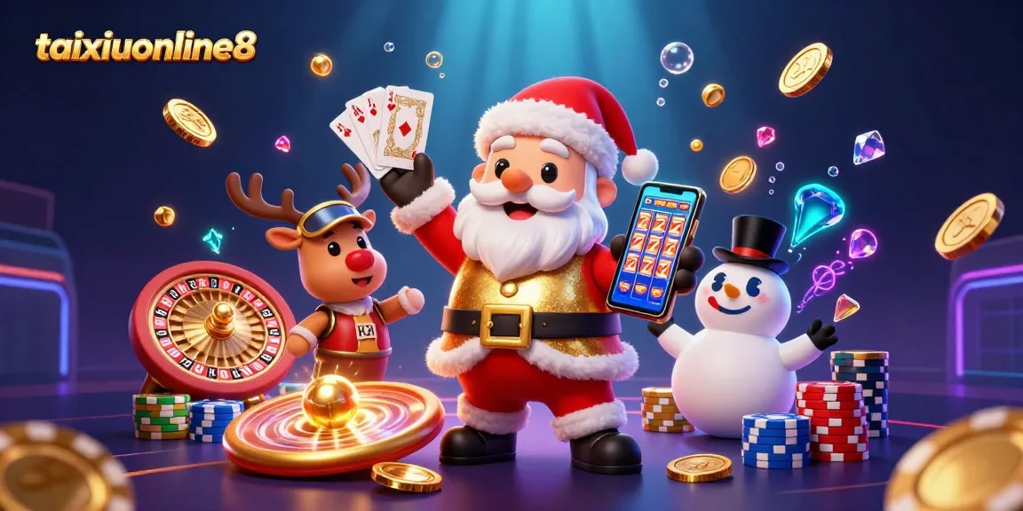 Win big at taixiuonline8 with a vibrant 3D casino illustration showing lively characters and casino elements.
