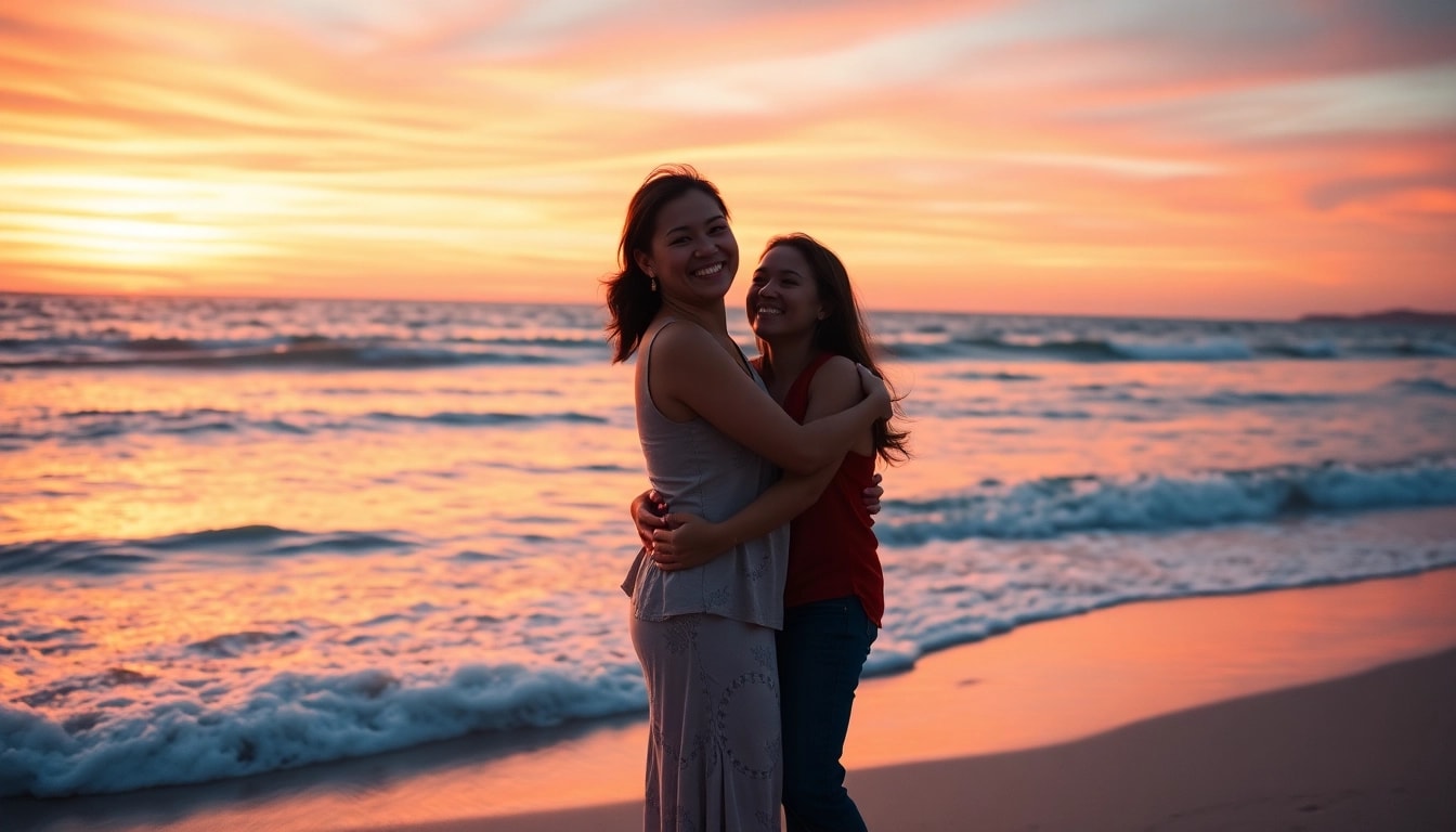 Destination photographer capturing a romantic moment on a beach at sunset.