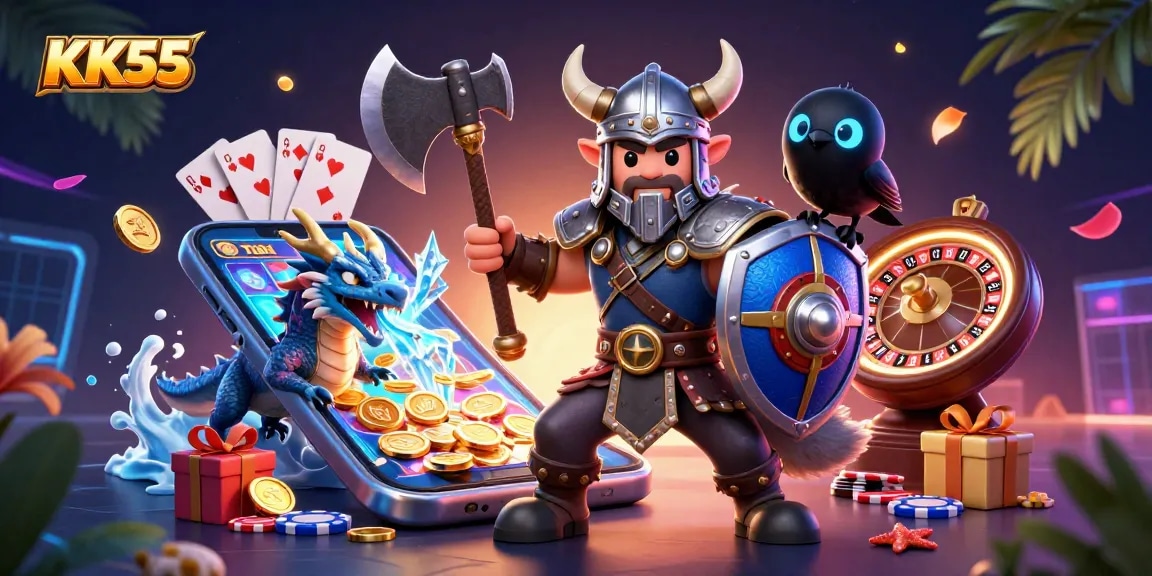 Win big with KK55's online casino magic including a Viking warrior, dragon, and epic game action.