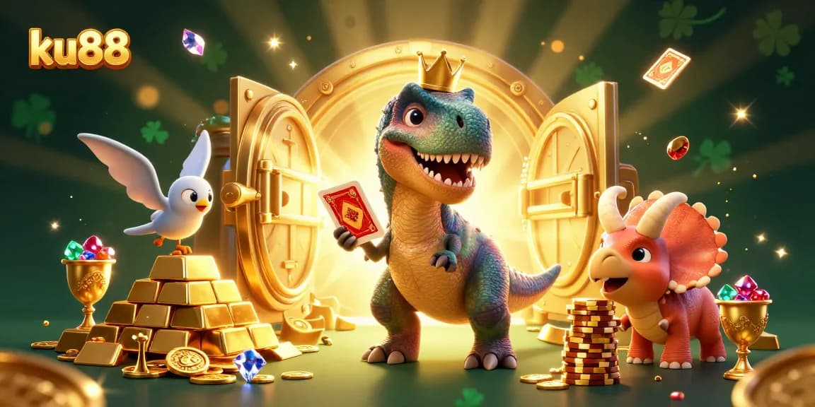 Experience thrilling gambling with ku88 featuring vibrant casino characters and golden treasures.