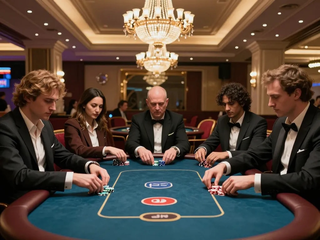 Players engaging intensely at a high-stakes poker game at nhacaiuytin casino, capturing luxury and excitement