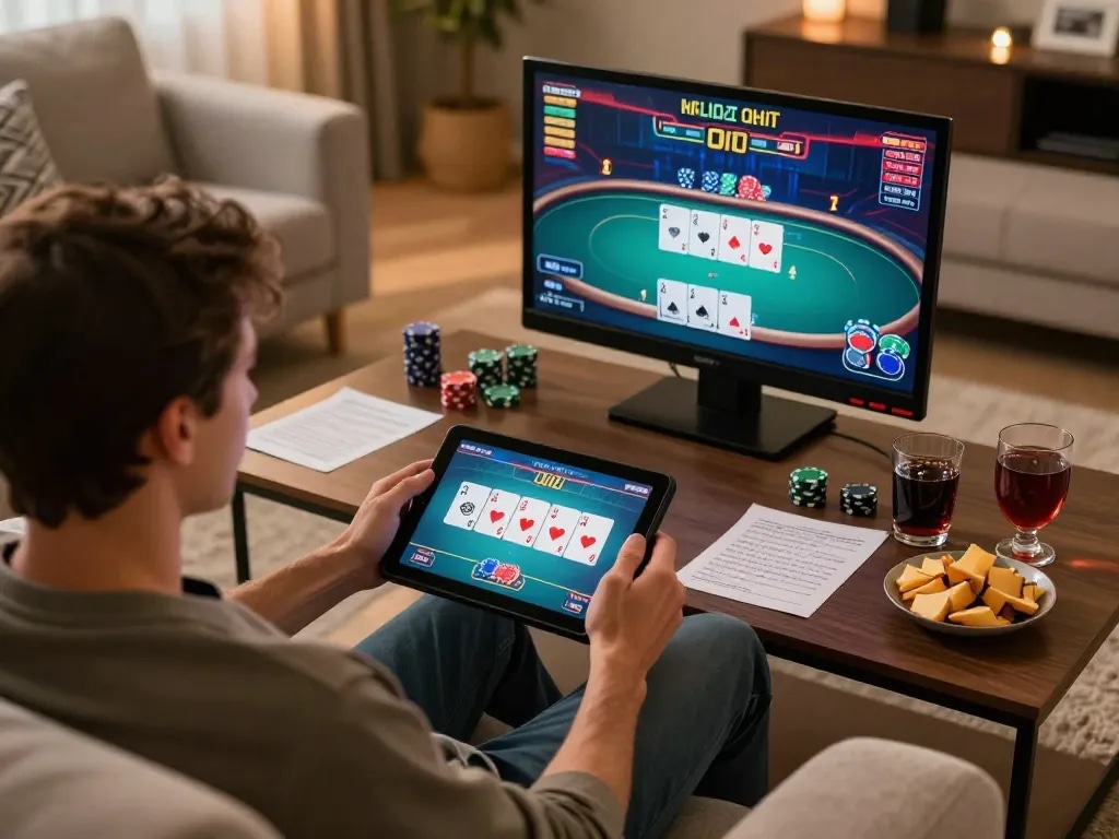 Nhatvip online gaming experience with a player enjoying poker on a tablet in a cozy home setting.
