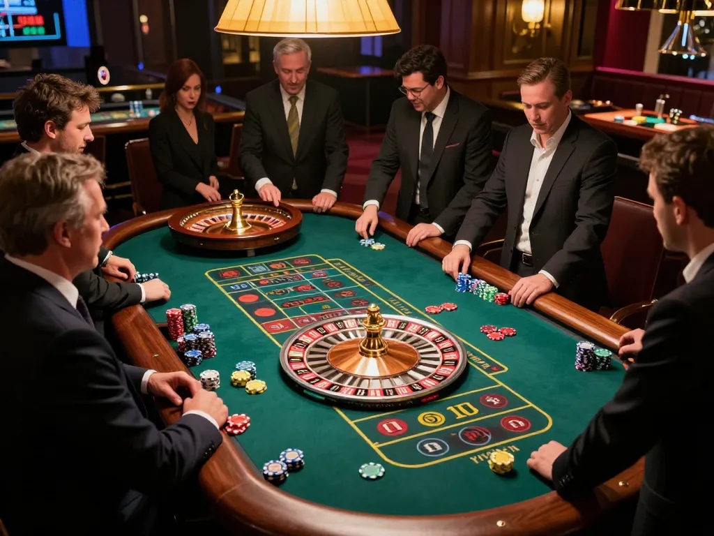 Kuwin players engaging in a thrilling live dealer roulette game, showcasing bets and chips at an upscale casino.