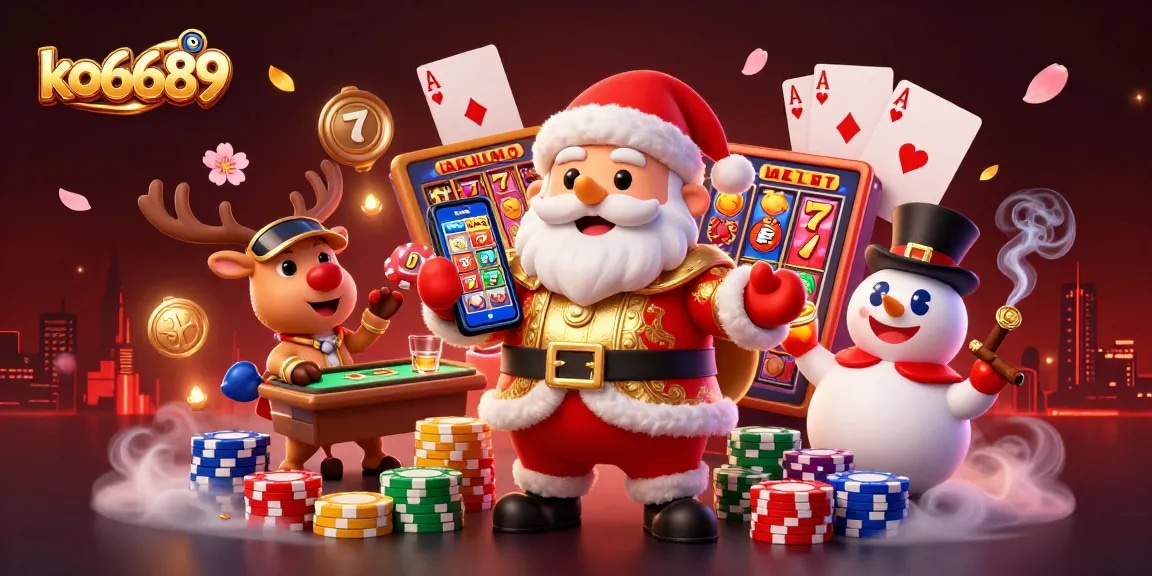 Experience exciting gaming at ko6689 with vibrant slot reels, jackpot counters, and festive characters.