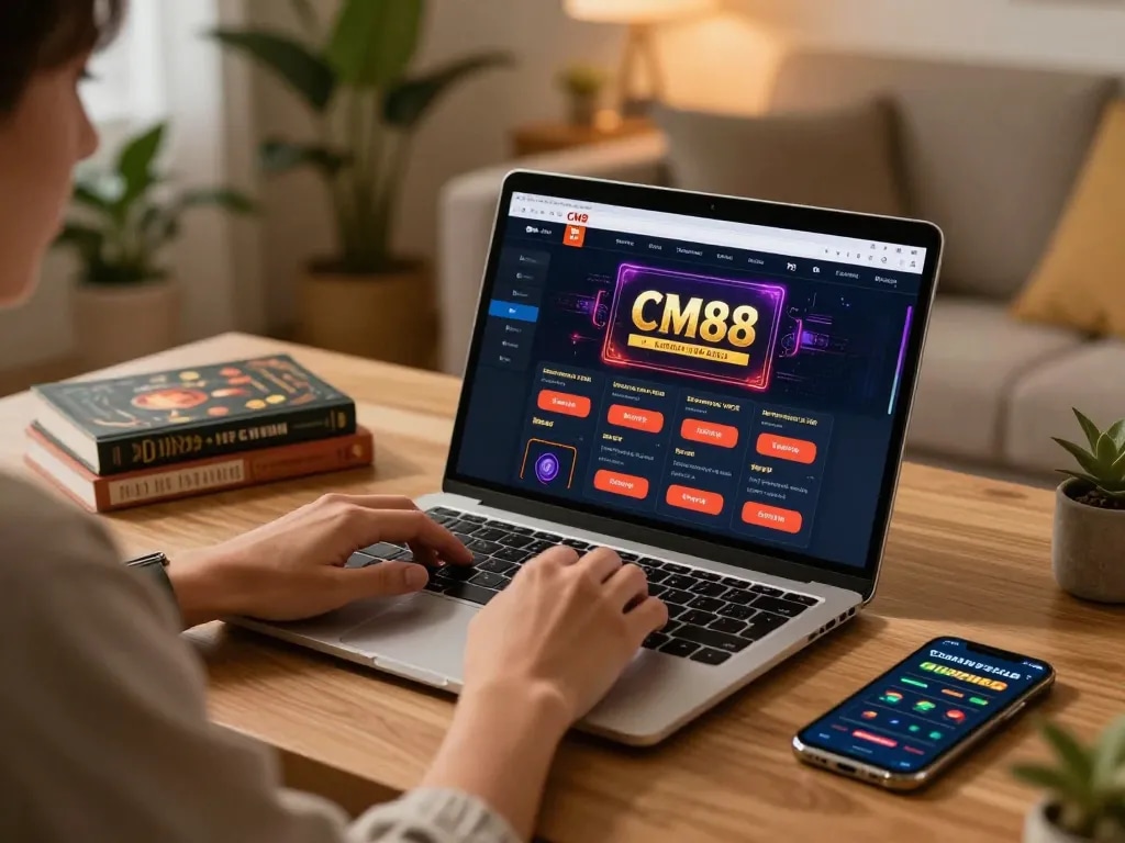 Enjoying strategic online gaming with CM88 on a laptop in a cozy home environment.