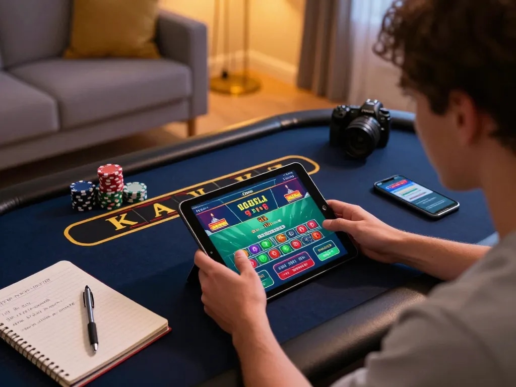 Experience thrilling live dealer gaming with LC88 on a cozy home tablet setup, innovative interface, and strategic notes.