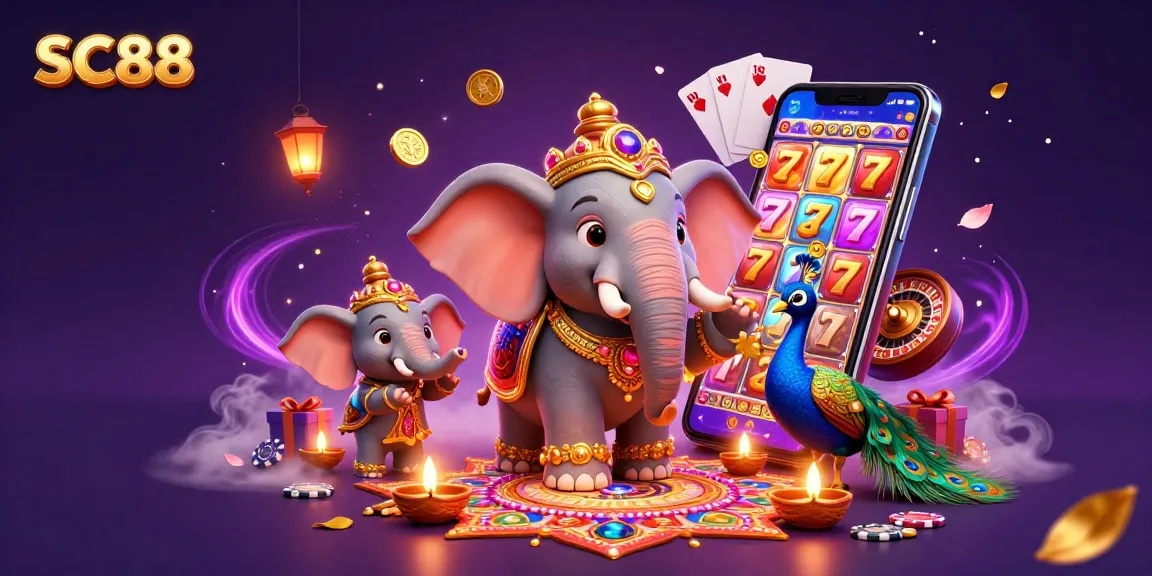 SC88 showcases a vibrant scene with a Diwali-themed elephant and casino games, celebrating festive play.