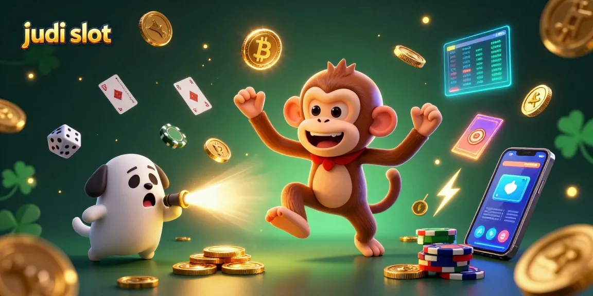 Engage with judi slot as mischievous poltergeist monkey juggles gold coins in a vibrant casino scene.