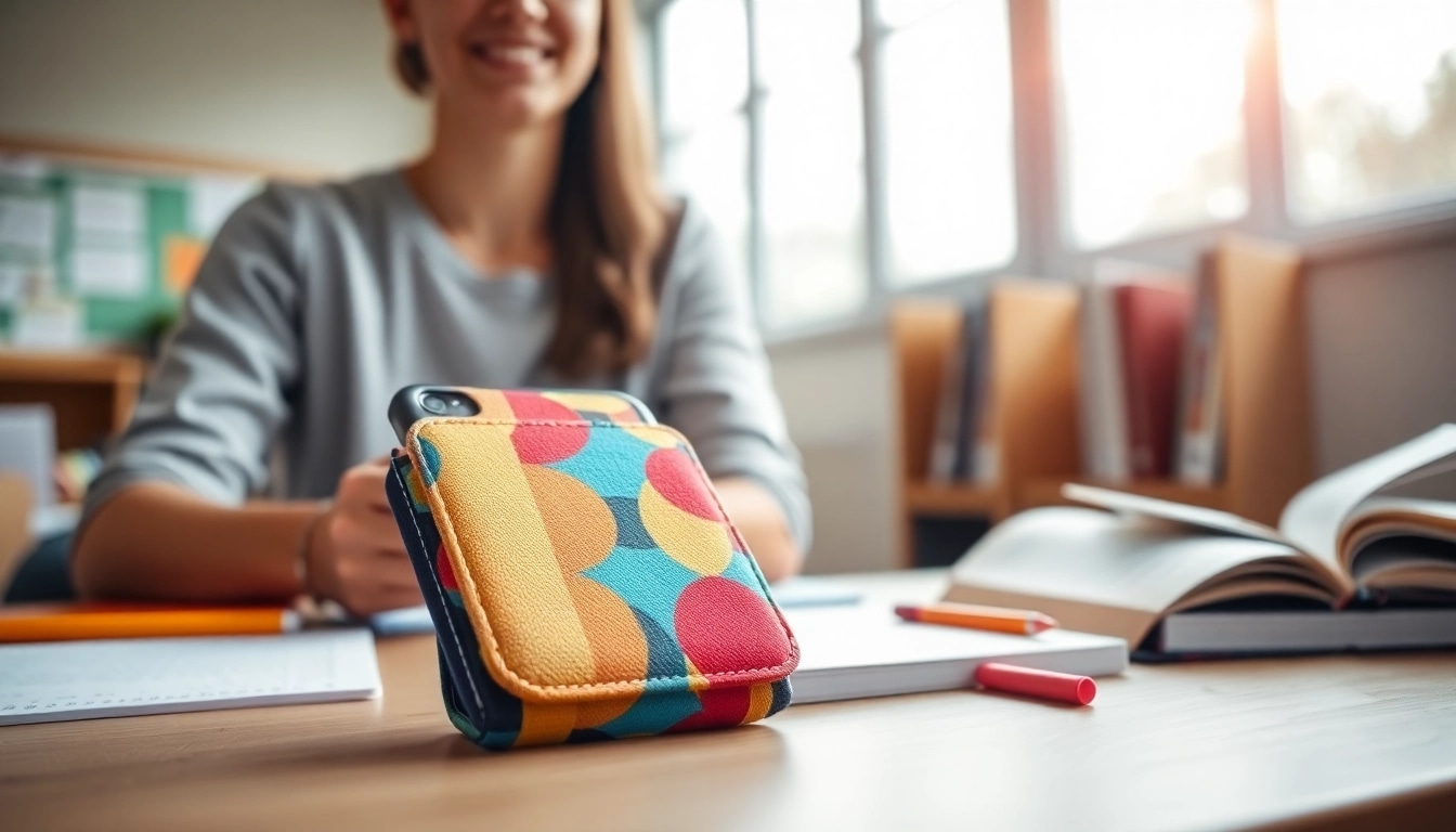 Handytasche Klassenzimmer in lebhafter Lernumgebung mit Smartphone und Schulsachen.
