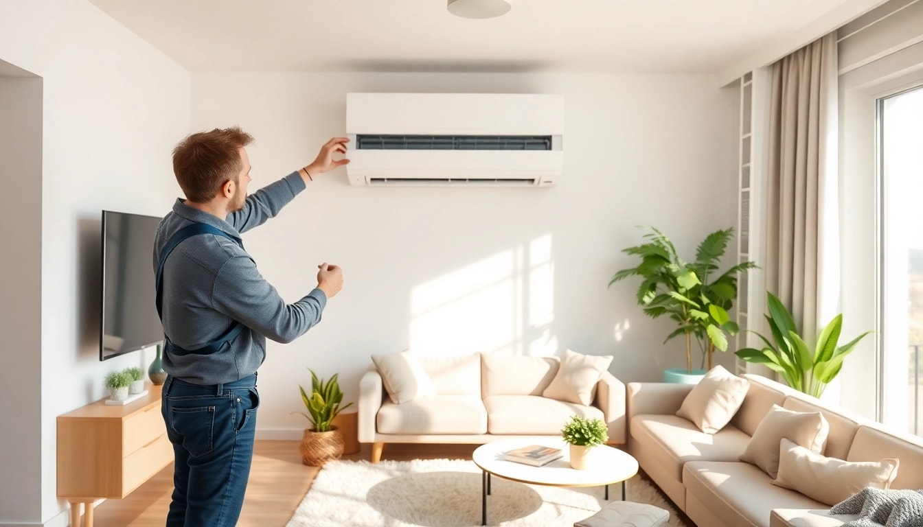 A technician installing a mini split ac in a modern living room, showcasing sleek design and comfort.