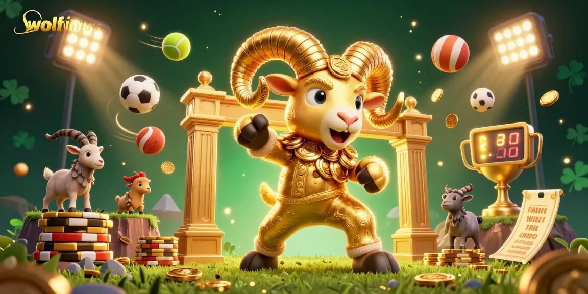 wolfwinner showcases thrilling action with a golden ram charging through sports-themed elements, highlighting excitement in gambling.