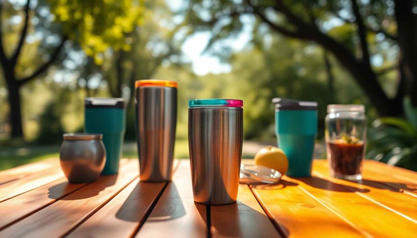 Stylish tumblers on a wooden table showcasing vivid colors and materials.