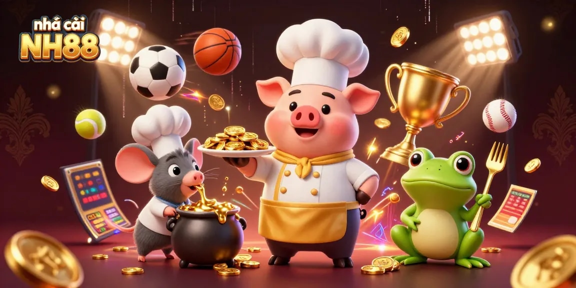 Experience nhà cái NH88 with a chef pig and frog critic in a lively casino atmosphere.