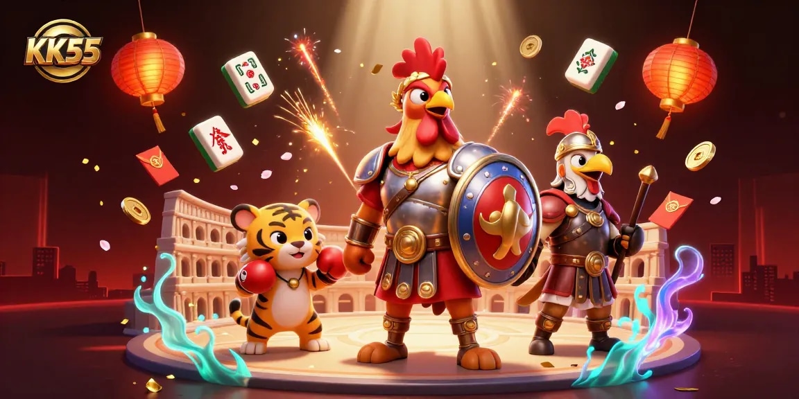 Experience thrilling games with KK55 in this vibrant 3D illustration showcasing gaming elements and characters.
