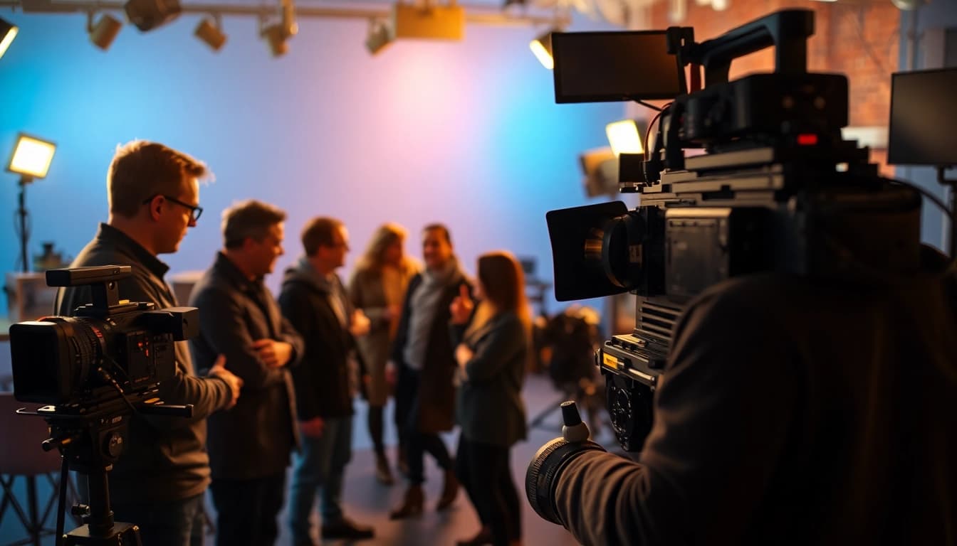 Engaging scene in professional video production with a director, actors, and crew collaborating effectively.