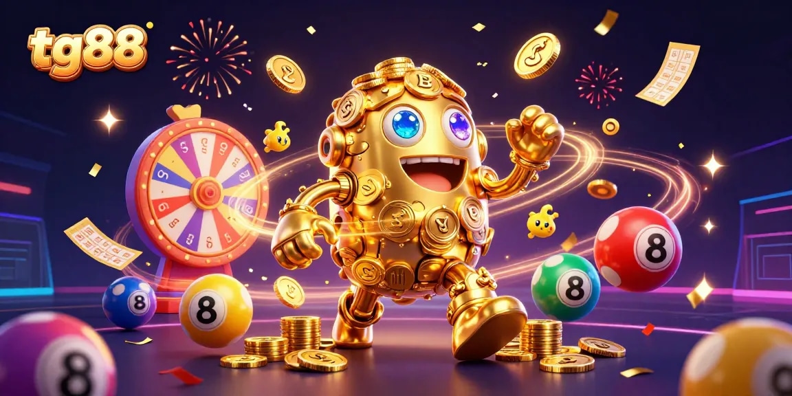 Take chances with tg88, a captivating casino scene featuring a golden golem amidst lottery balls and a prize wheel.