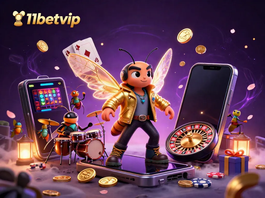 Engage with 11betvip's vibrant slot scene featuring a rock star cicada and dynamic game elements.