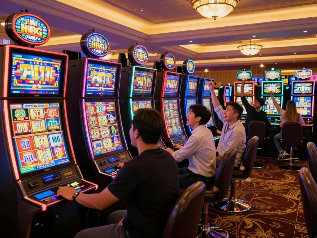 Players enjoying vibrant slot777 machines in a lively casino, with excitement and wins being celebrated.