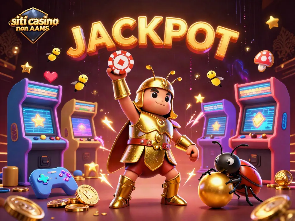 Gioca e vinci nei siti casino non AAMS con una scena dinamica di un coleottero in armatura che celebra un jackpot.