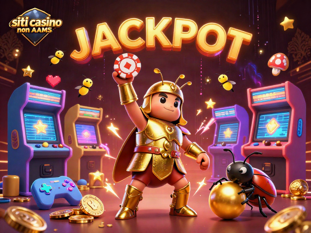 Gioca e vinci nei siti casino non AAMS con una scena dinamica di un coleottero in armatura che celebra un jackpot.
