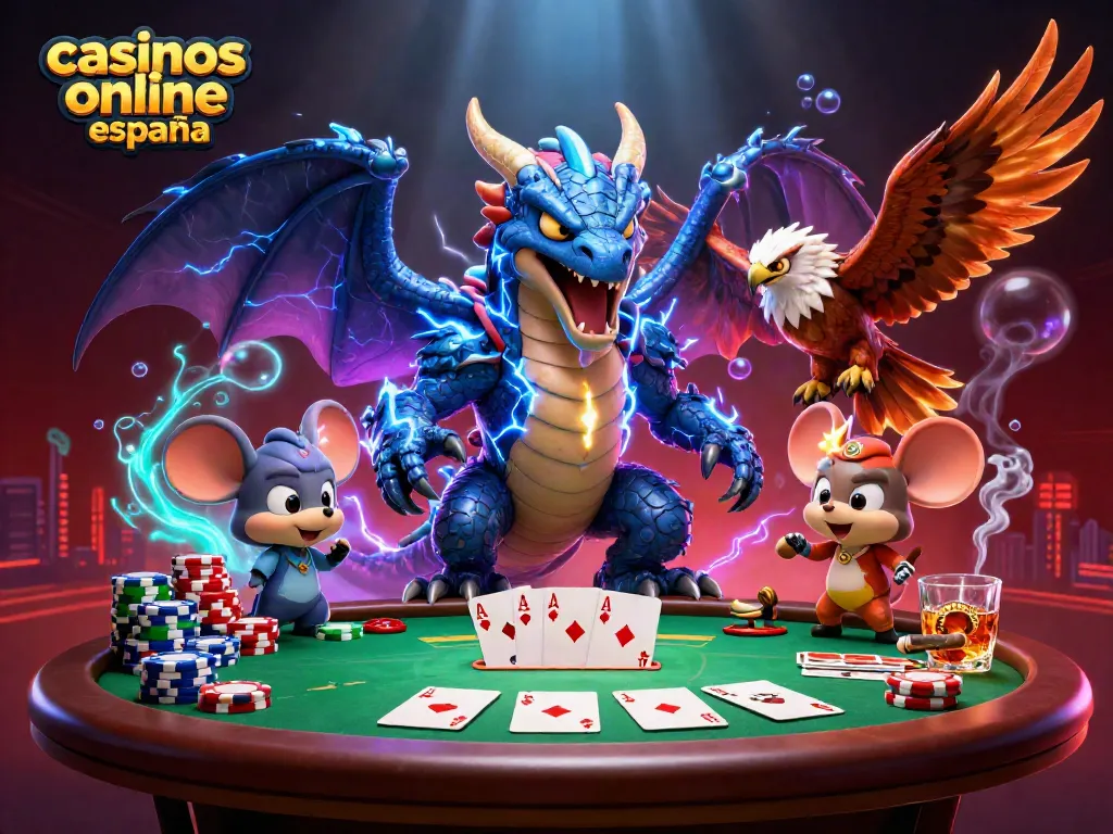 Escena vibrante de póker en casinos online España mostrando un dragón y un halcón en un ambiente dinámico.